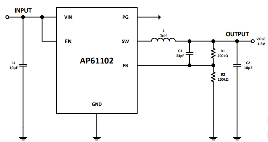 Application Circuit Diagram - Diodes Incorporated AP61102 Switching Voltage Regulator